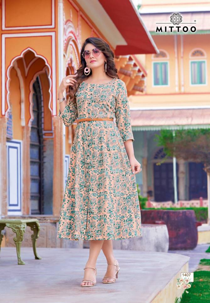Belt Vol 15 By Mittoo Rayon Printed Party Wear Kurtis Wholesale Shop In Surat